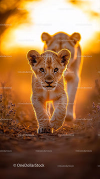 Lion Cub Strolling at Sunset on African Savanna