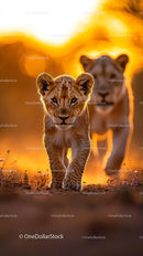 Lion Cub Strolling Through the Savanna at Sunset
