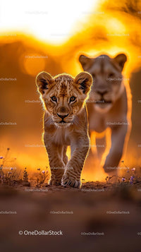 Lion Cub Strolling Through the Savanna at Sunset