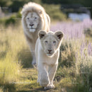 White Lions Strolling Through Sunlit Grassland