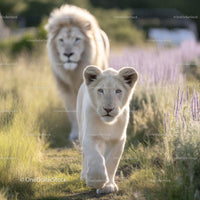 White Lions Strolling Through Sunlit Grassland