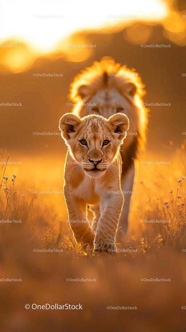 Majestic Lion Cub Strolling in Warm Sunset Glow