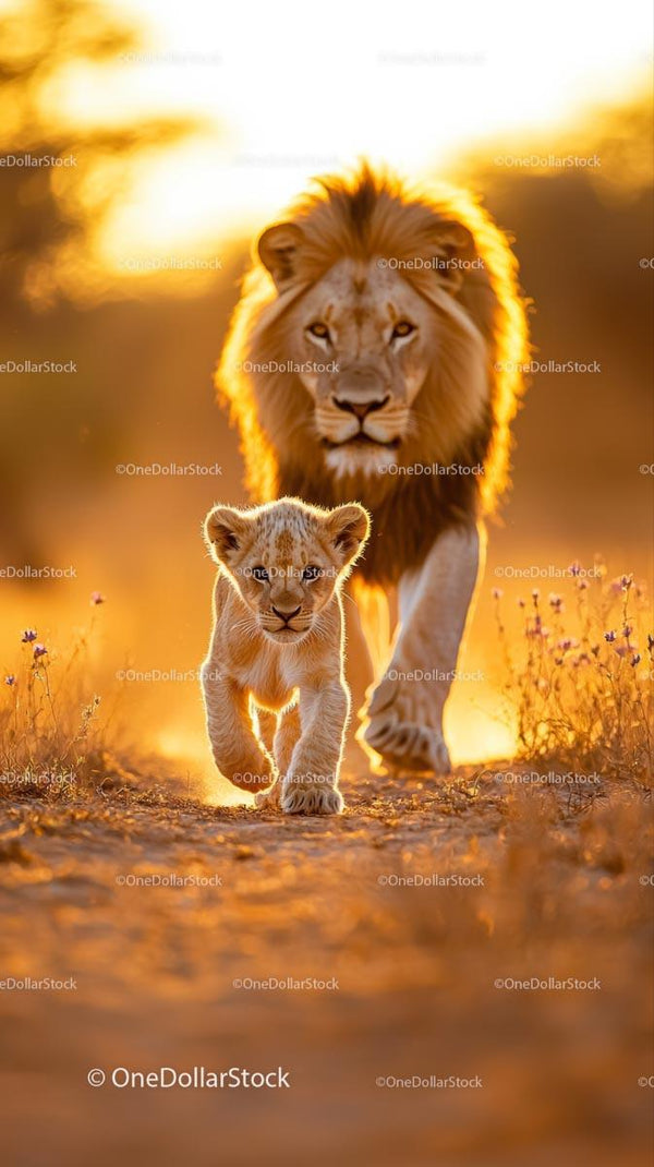 Lion and Cub Strolling at Sunset on African Safari