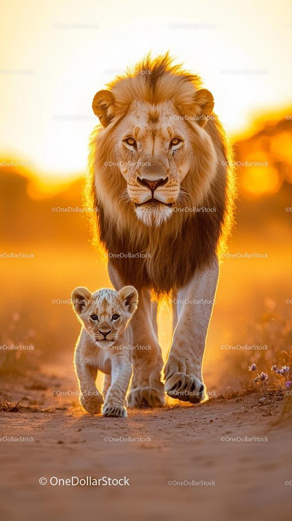 Majestic Lion and Cub Walking at Golden Sunset