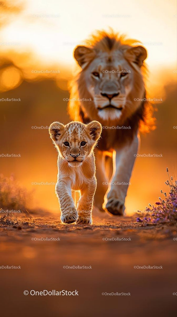 Lion and Cub Strolling at Sunset on the African Savannah