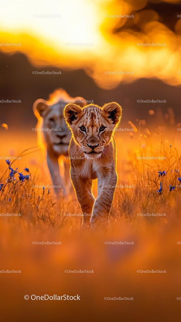 Lion Cubs Strolling Through the Savanna at Sunset