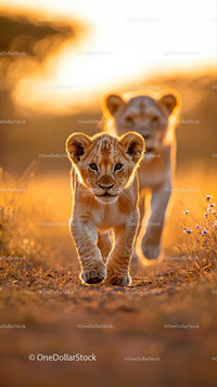 Playful Lion Cubs in Golden African Savanna