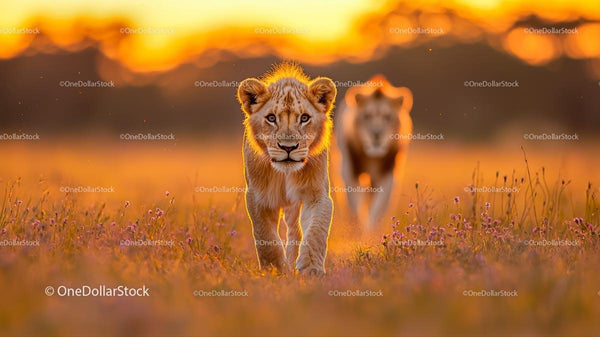 Lion Cub Strolling Through African Savanna at Sunset