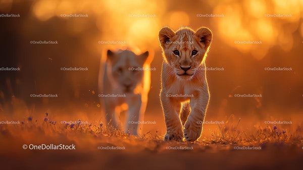 Young Lion Cub Strolling at Sunset in African Wilderness