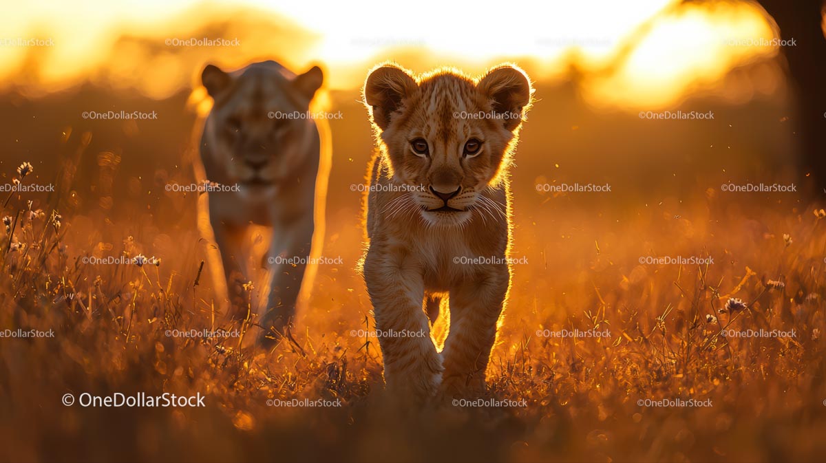 Lion Cub Exploring the African Savannah at Sunset
