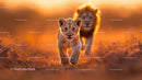 Lion Cub Walking in Golden Sunlight on African Savanna