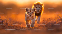 Lion Cub Walking in Golden Sunlight on African Savanna