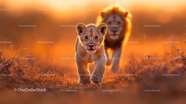 Lion Cub Walking in Golden Sunlight on African Savanna