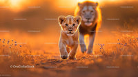 Lion Cub and Majestic Lion Stroll at Sunset