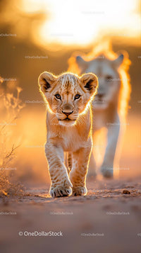 Adorable Lion Cub Strolling in Golden Sunset