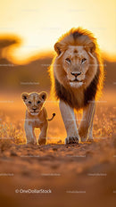 Majestic Lion and Cub Walking at Sunrise