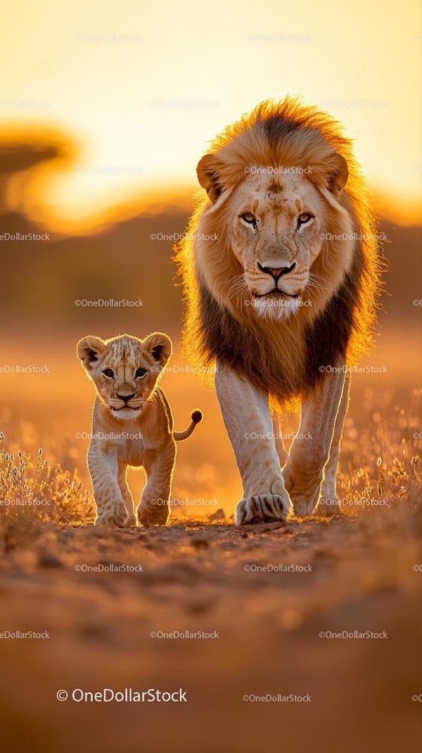 Majestic Lion and Cub Walking at Sunrise