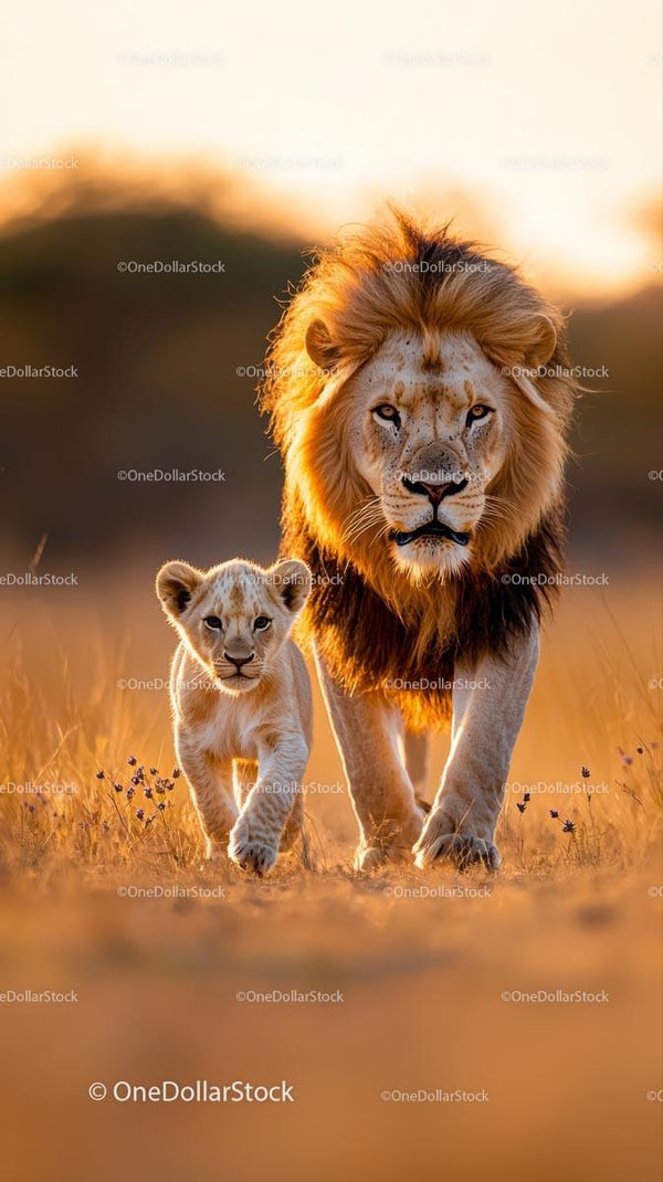 Lion and Cub Walking in the Golden Savannah at Sunset