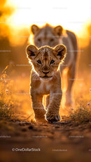 Lion Cub at Golden Hour in African Savannah