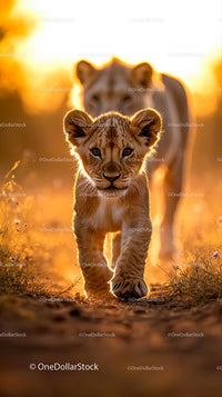 Lion Cub at Golden Hour in African Savannah