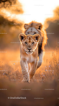 Lion Cub Walking in Golden African Savanna at Sunset