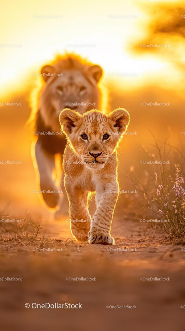 Lion Cub and Lion in Golden Hour on African Savannah