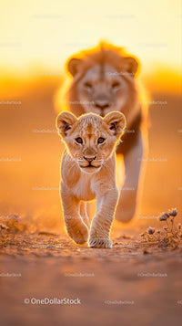 Lion Cub Walks with Adult Lion in Golden Light of Savannah