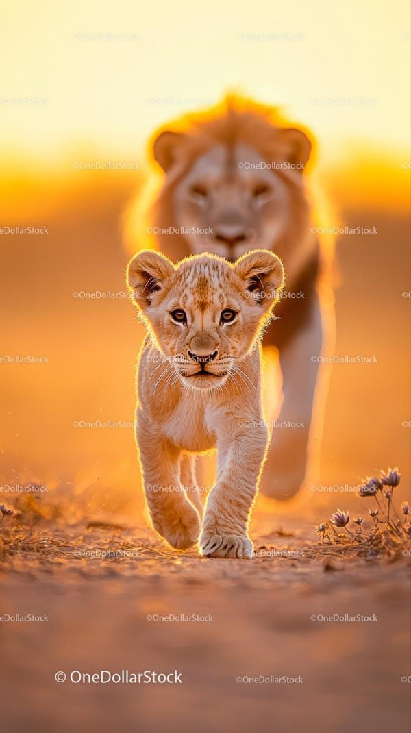Lion Cub Walks with Adult Lion in Golden Light of Savannah