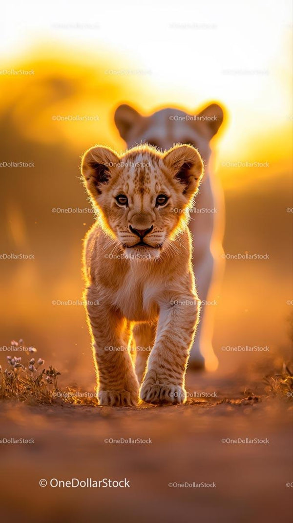 Lion Cub Exploring at Golden Sunset