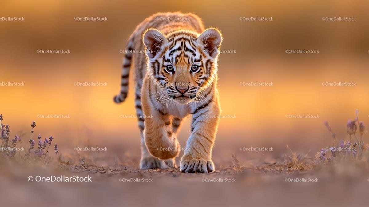 Majestic Tiger Cub Walking in Golden Light