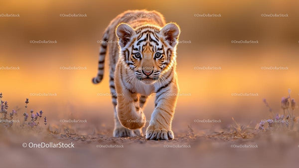Majestic Tiger Cub Walking in Golden Light