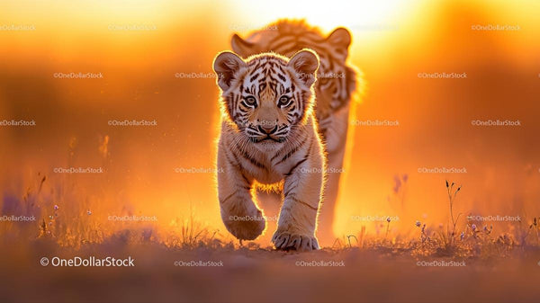 Tiger Cub Strolling in Golden Sunrise Light