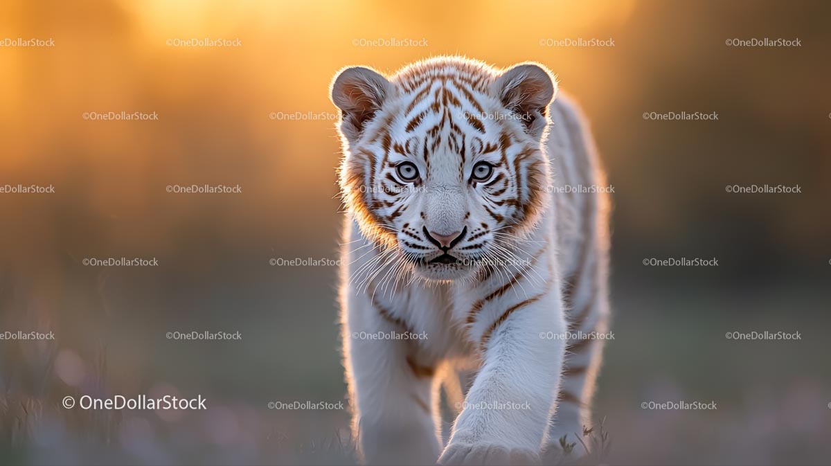 Adorable White Tiger Cub at Sunset in the Wild