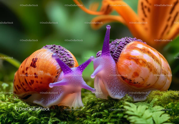 Colorful Snails on Mossy Forest Floor