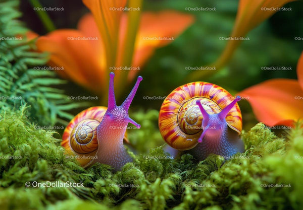 Vibrant Snails on Moss with Orange Flowers