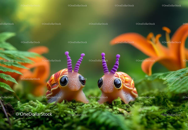 Whimsical Cartoon Snails Among Orange Lilies