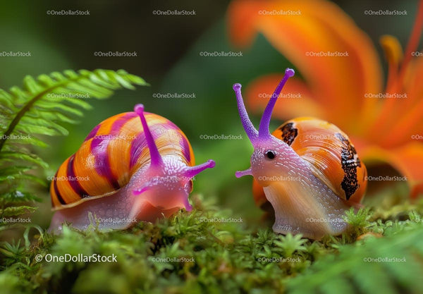 Vibrant Snails Among Lush Greenery and Orange Blooms