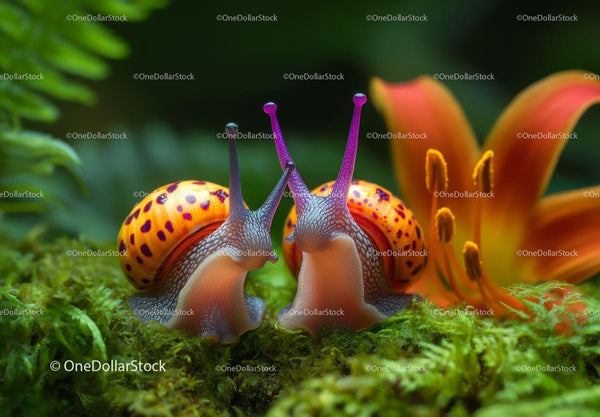 Colorful Snails and Orange Lily on Lush Green Moss