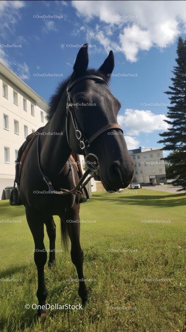 Majestic Black Horse in a Sunny Urban Landscape