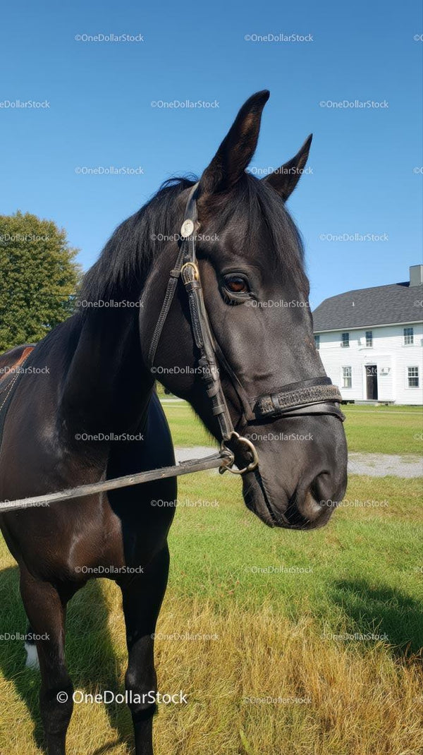Black Horse in Harness on a Sunny Day in the Countryside