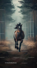 Dynamic Brown Horse Galloping Through Misty Forest