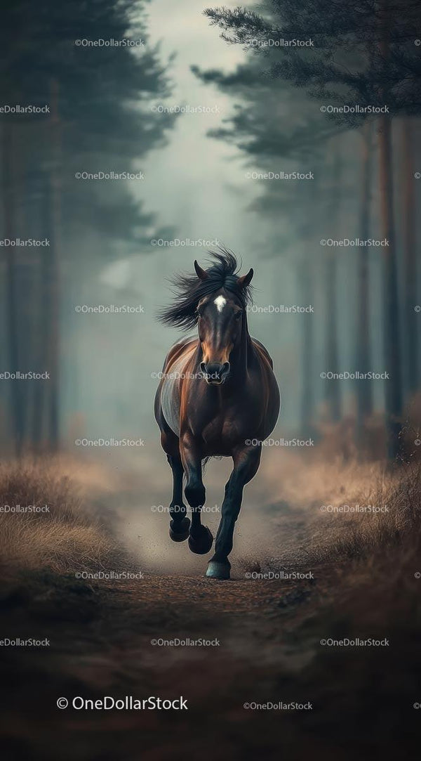 Dynamic Brown Horse Galloping Through Misty Forest