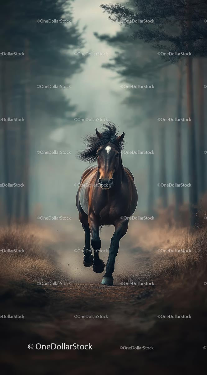 Dynamic Brown Horse Galloping Through Misty Forest