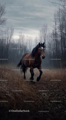 Majestic Brown Horse Galloping Through Misty Forest