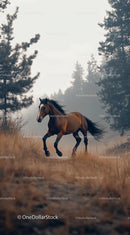 Galloping Horse in Misty Forest Landscape