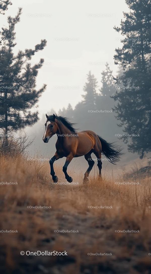 Galloping Horse in Misty Forest Landscape