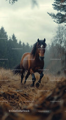 Majestic Brown Stallion Roaming in Mystical Forest