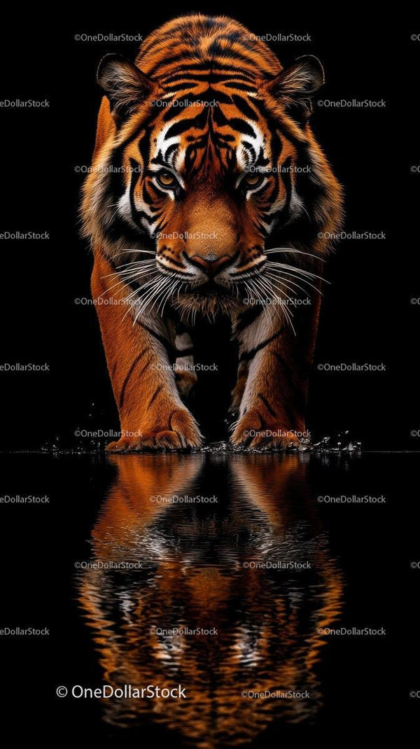 Majestic Tiger Walking Towards Reflective Water Surface