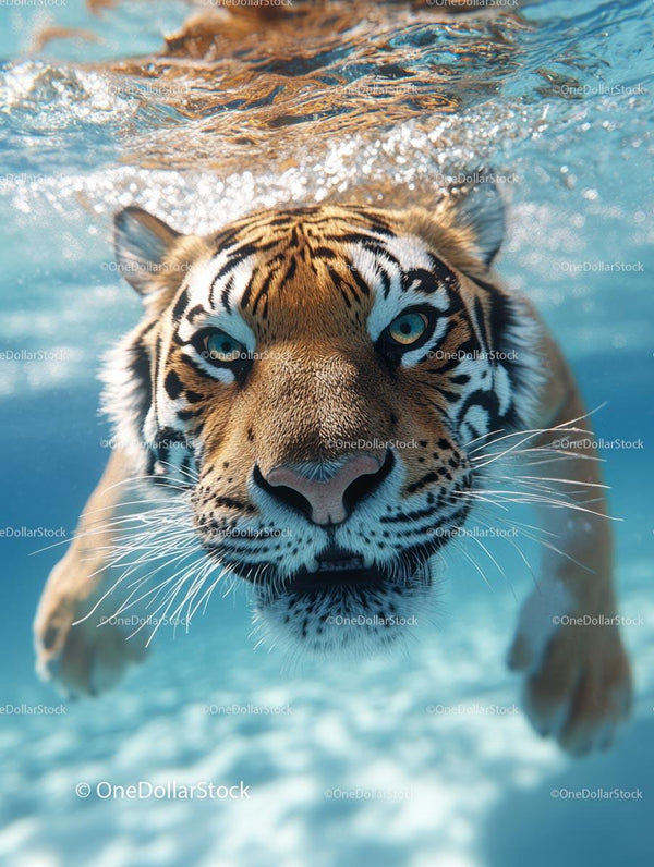 Swimming Tiger Underwater in Crystal Clear Pool