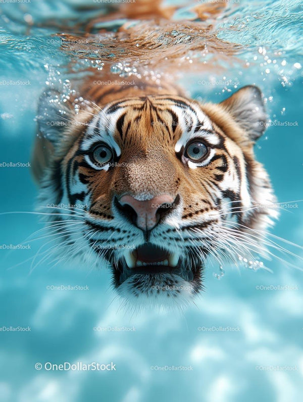 Majestic Tiger Swimming Underwater in Clear Blue
